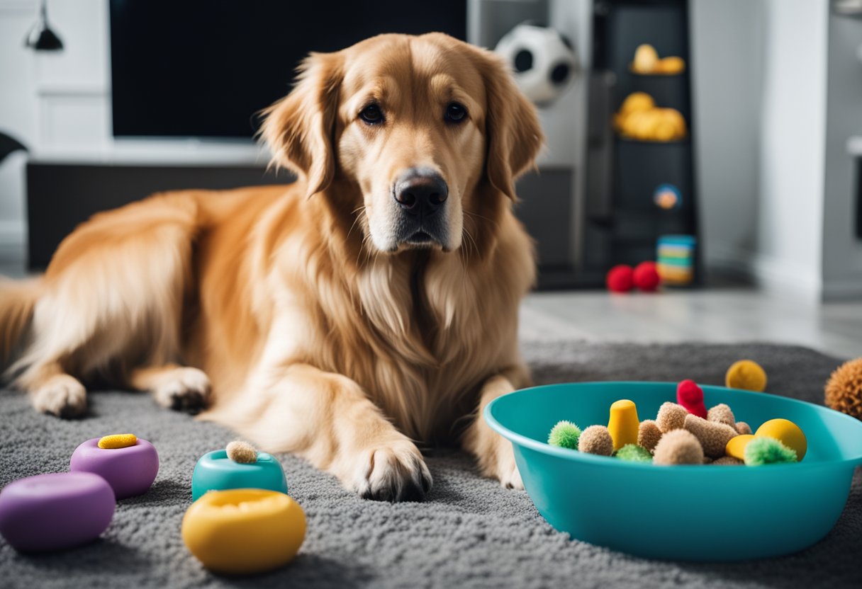 A golden retriever sitting attentively while being brushed by its owner, surrounded by dog toys and a water bowl