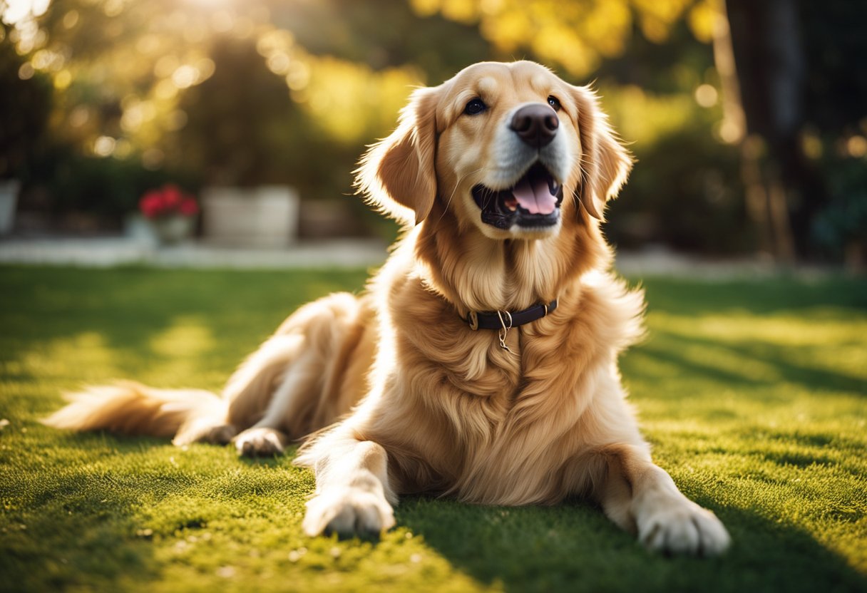 A Golden Retriever sits in a sunny backyard, its golden fur shining in the light. A ball lies at its feet, and a happy expression brightens its face. The dog's friendly eyes and wagging tail convey its loyal and playful nature