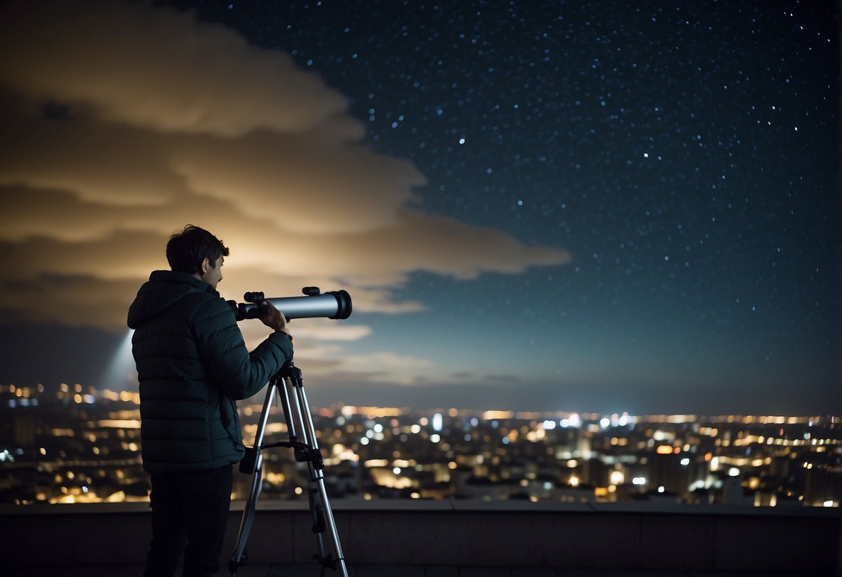 A person sets up a telescope on a rooftop, surrounded by city lights. They adjust the lens to focus on the stars above, seeking out constellations despite the light pollution