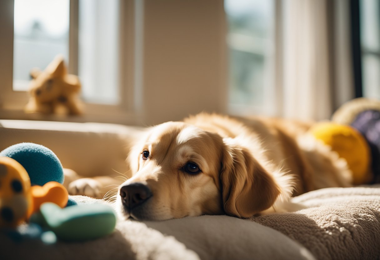 A Golden Retriever lying on a plush bed, surrounded by toys and a water bowl. A gentle breeze blows through an open window, and the sun shines in, casting a warm glow on the dog's fur