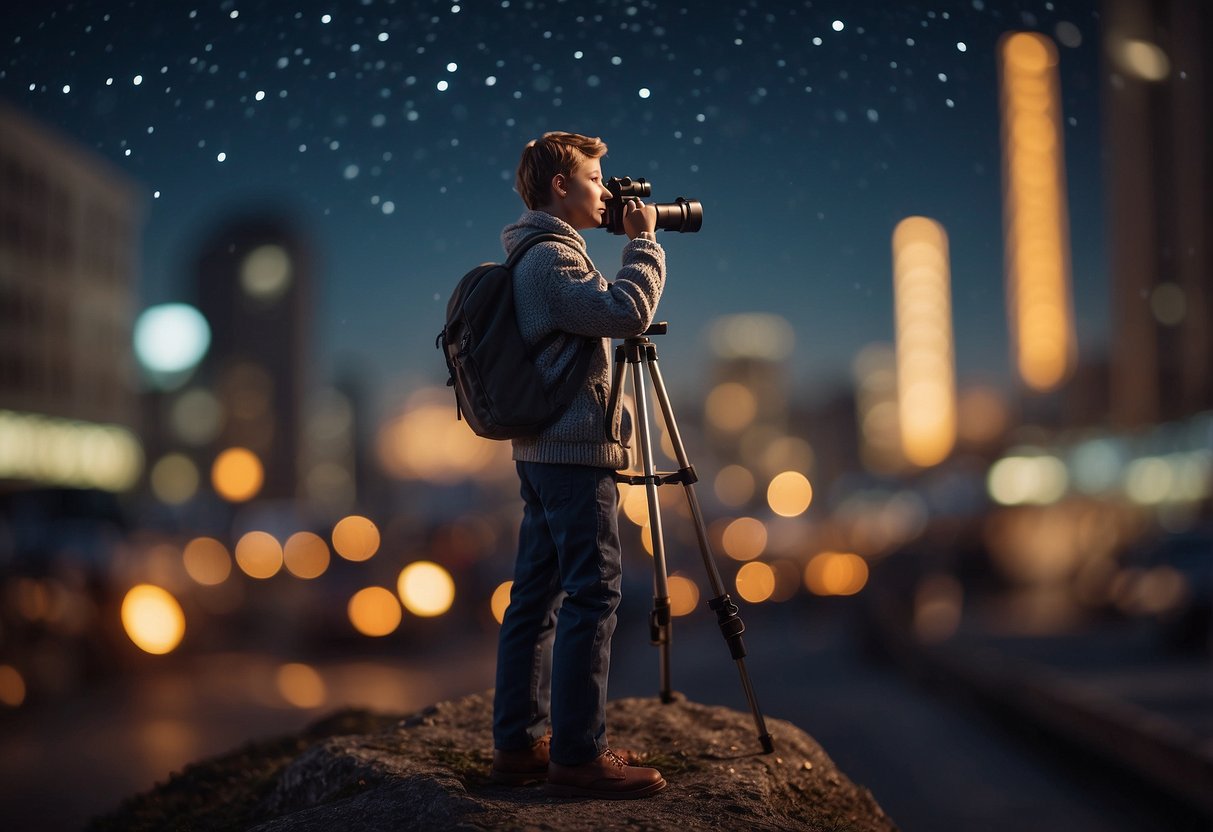 A figure gazes upward, surrounded by city lights. They hold a telescope, searching for stars. Patience and adaptability are key in this light-polluted setting