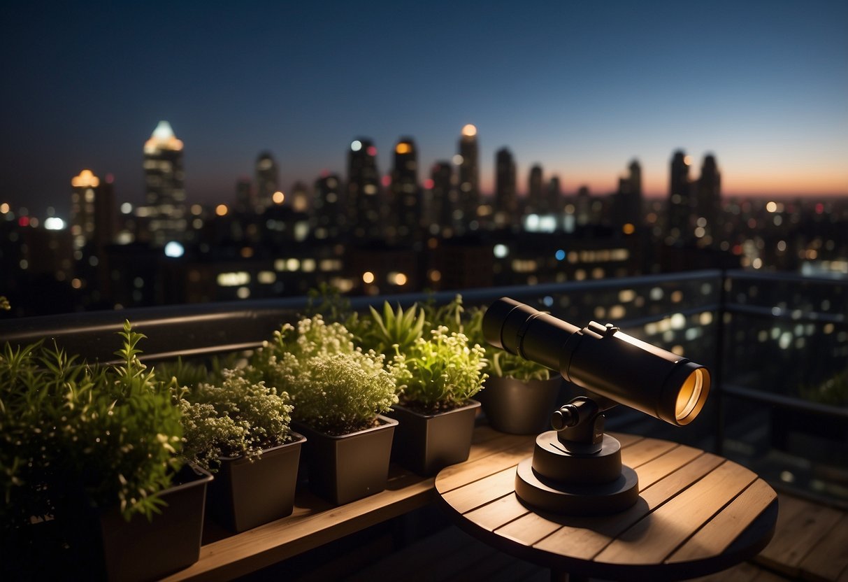 A rooftop garden with minimal light pollution, surrounded by tall buildings. A telescope and stargazing guidebook are placed on a table. City lights twinkle in the background