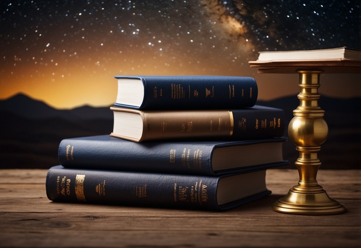 A stack of 5 astronomy books on a wooden table with a telescope and starry night sky in the background