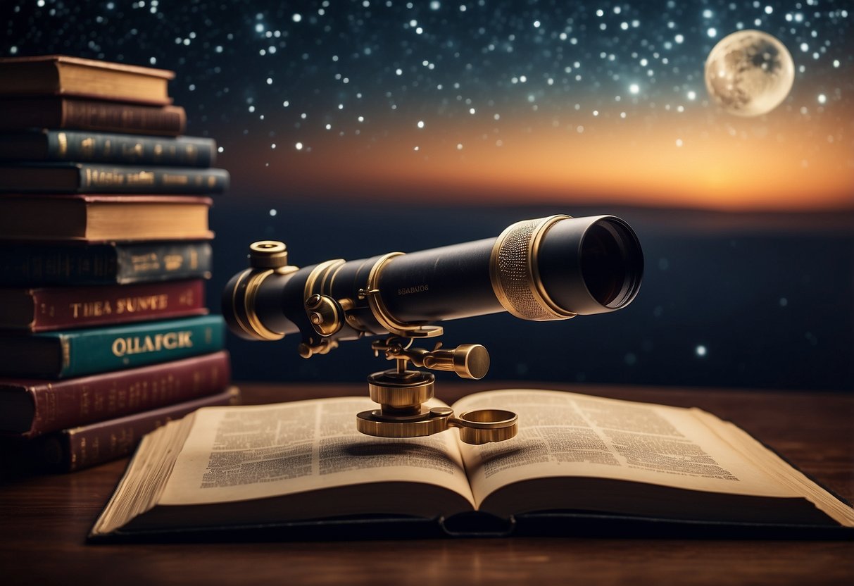 A telescope pointed towards the night sky, surrounded by astronomy books, with a copy of "Cosmos" by Carl Sagan open to a page about the stars