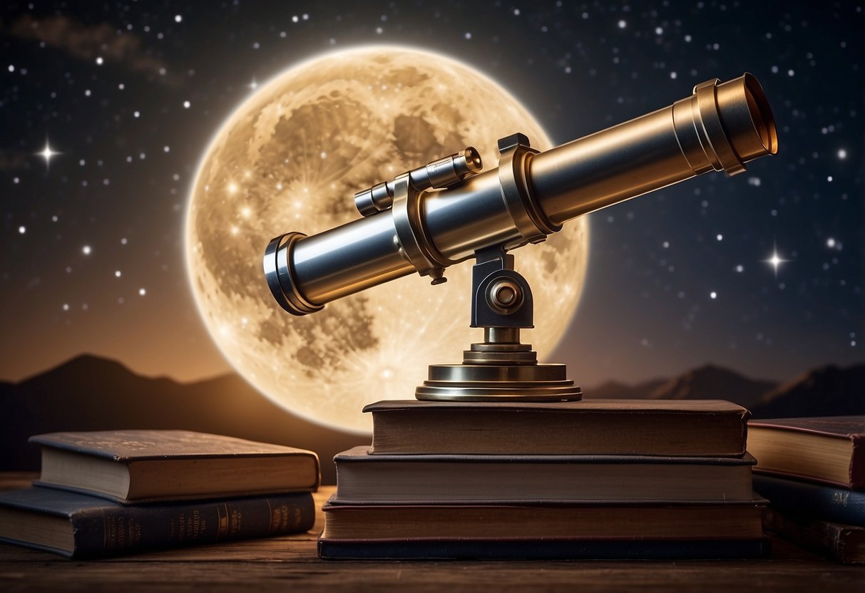 A telescope points towards the night sky, surrounded by a stack of astronomy books. The moon and stars shine brightly overhead, creating a sense of wonder and exploration