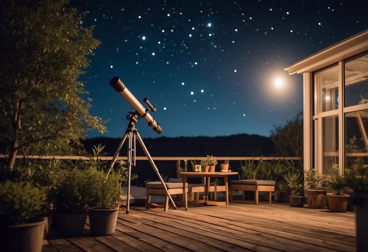 A backyard with a telescope pointed at the night sky, surrounded by astronomy books and star charts. The moon and stars are visible in the clear night sky