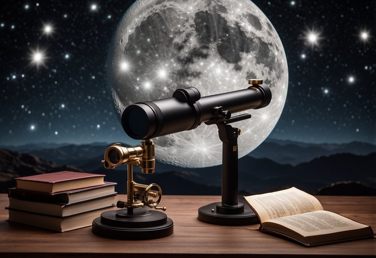 A telescope, binoculars, and star charts lay on a table next to a stack of astronomy books. The night sky is filled with stars and a crescent moon, creating a perfect scene for stargazing