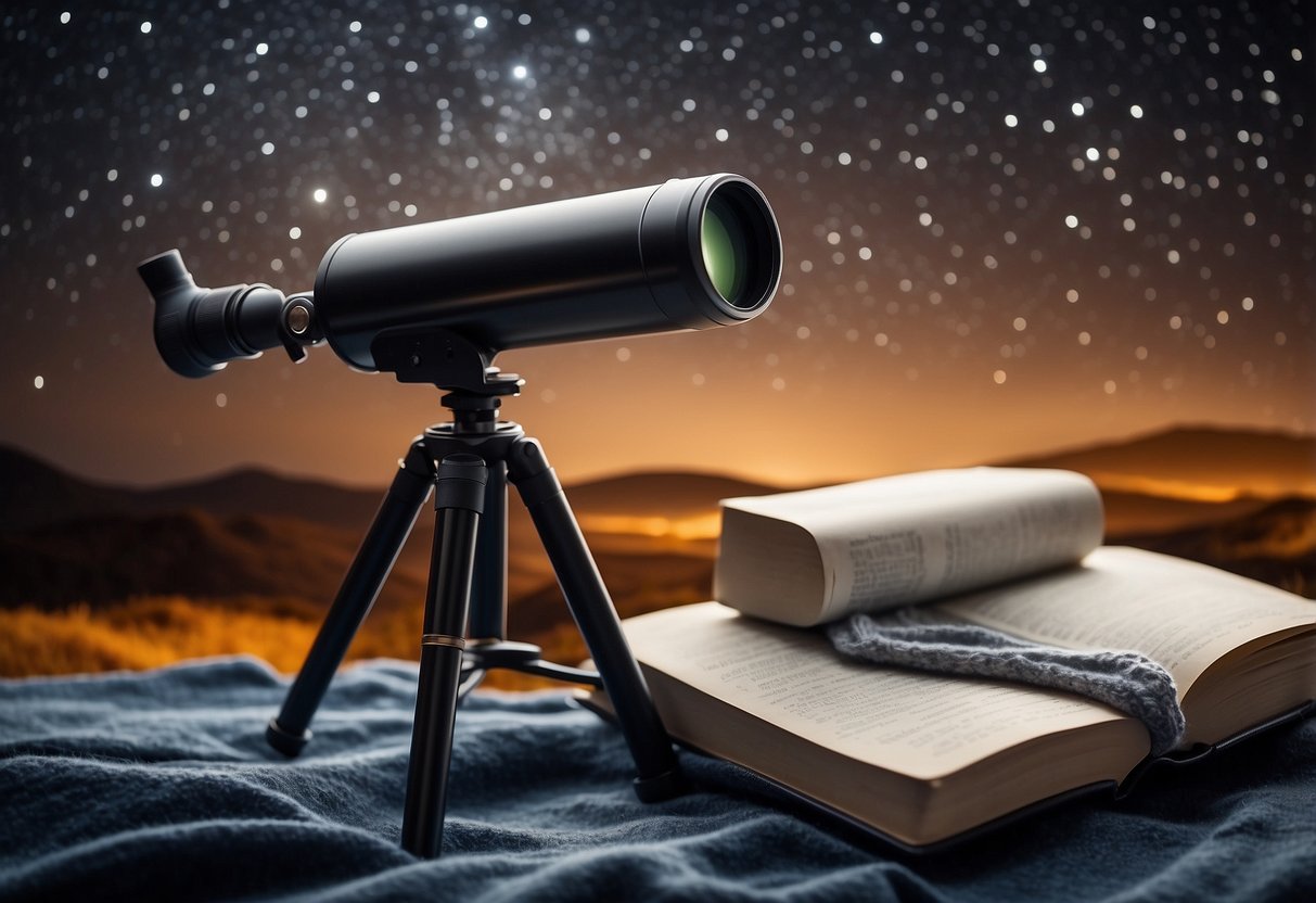 A telescope pointed towards a starry sky, surrounded by a cozy blanket, thermos of hot cocoa, star chart, and a notebook for recording celestial observations