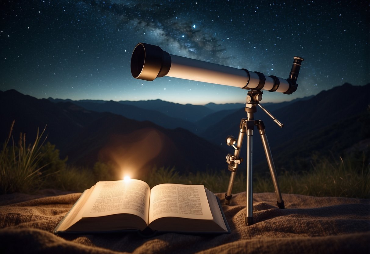 A clear night sky with a telescope, camping gear, and a star atlas book laid out on a blanket. Twinkling stars and a crescent moon illuminate the scene