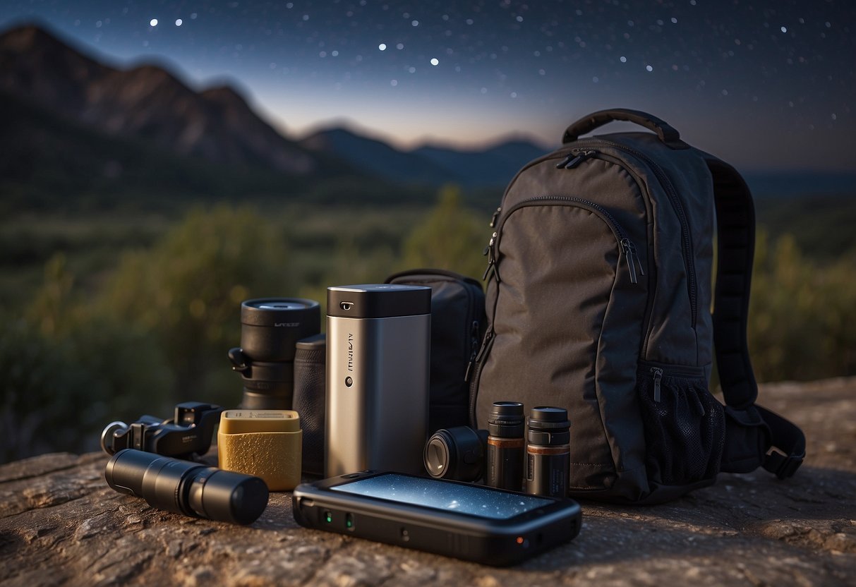 A portable phone charger sits next to a backpack, telescope, snacks, and a map under a starry sky