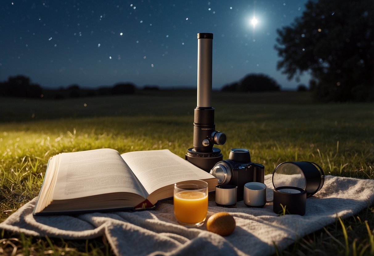 A cozy blanket spread out on the grass, surrounded by a telescope, binoculars, snacks, a thermos, a star map, and a notebook for jotting down celestial observations