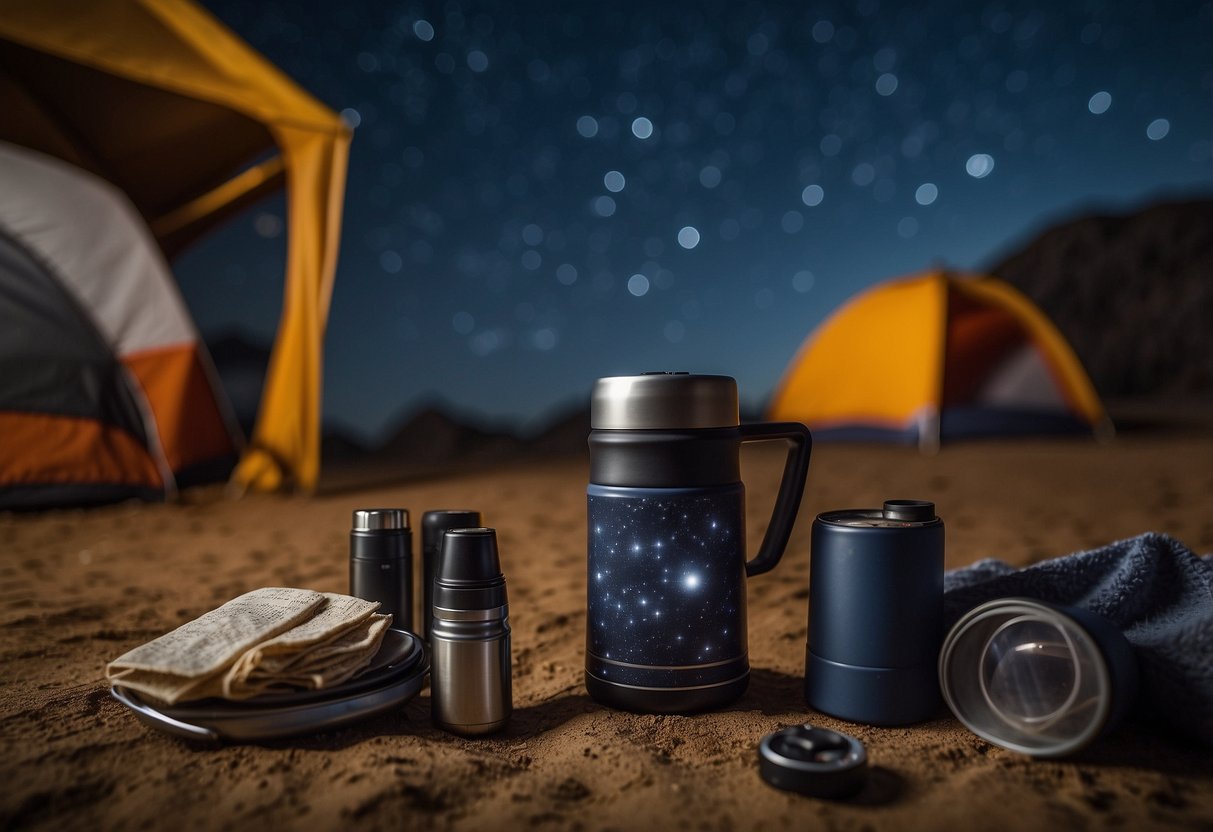 A starry night sky with a glowing thermos, telescope, blanket, snacks, map, flashlight, and camera laid out on the ground