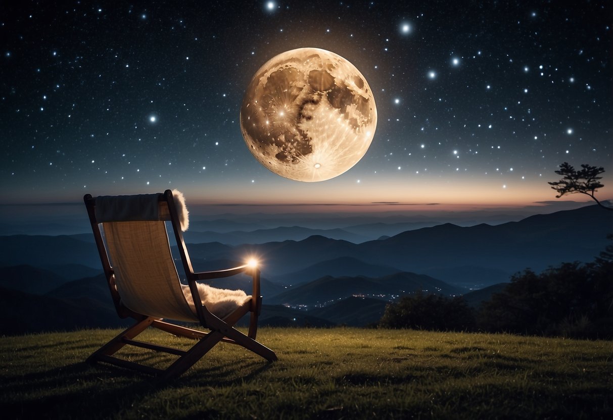 A dark, clear night sky with twinkling stars, a bright full moon, and possibly a shooting star. A telescope, star map, warm clothing, hot drink, and a comfortable chair are nearby