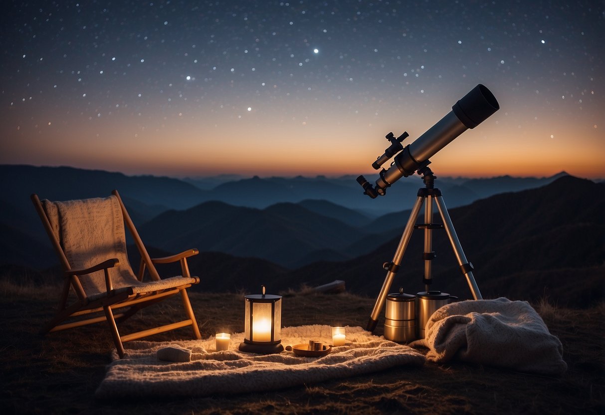 A serene night sky with a clear view of the stars, a telescope set up on a sturdy tripod, a cozy blanket laid out on the ground, a thermos of hot cocoa, a star map, a comfortable chair, and a smartphone for st