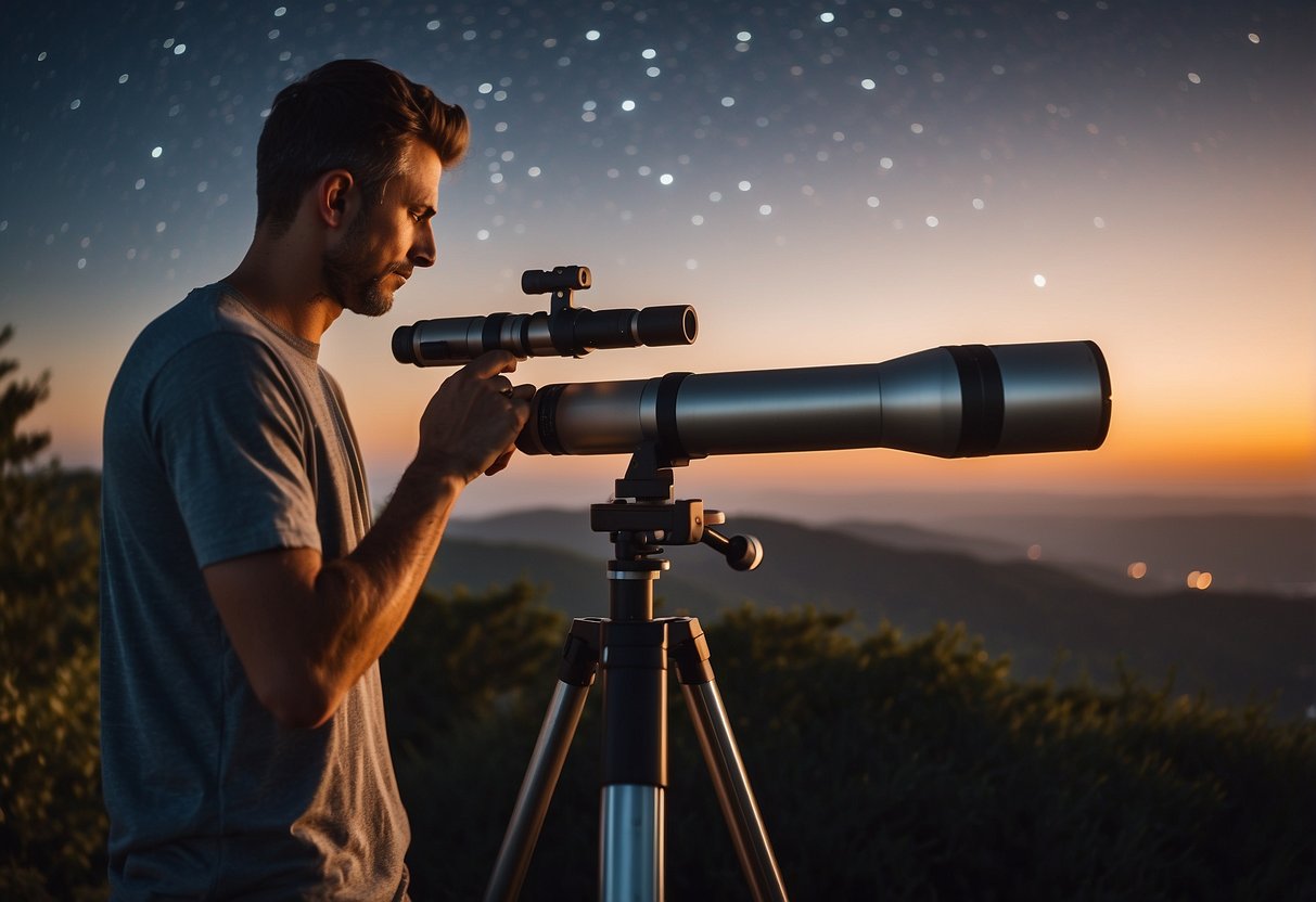 A telescope on a sturdy tripod, pointed towards the night sky. A person's hand adjusting the focus knob. A star-filled sky in the background