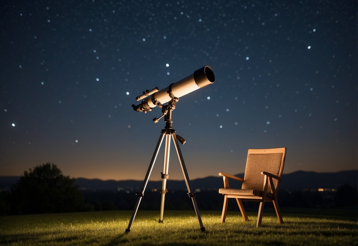 A clear, open field with minimal light pollution. A telescope set up on a tripod, pointed towards the night sky. A comfortable chair for the stargazer