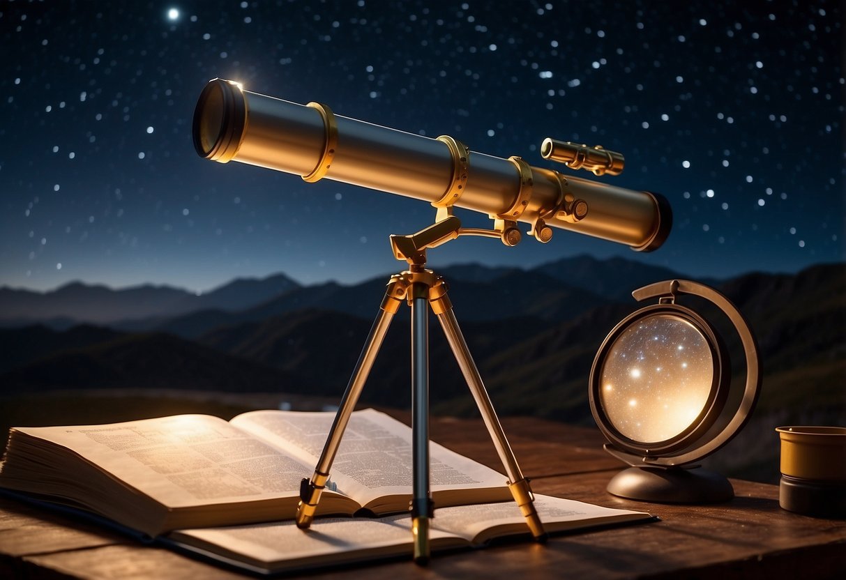 A telescope on a sturdy tripod, pointed towards the night sky. A star chart and astronomy book sit nearby. The moon and stars twinkle overhead