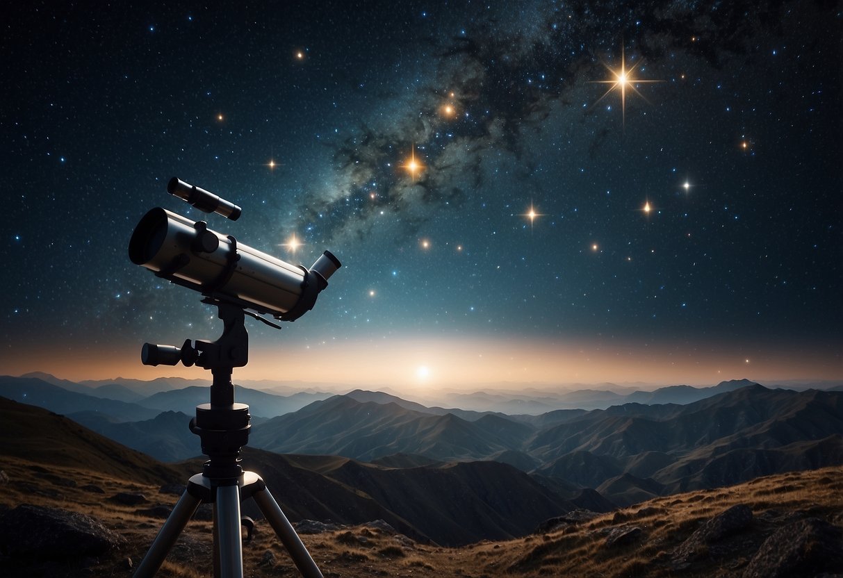 A dark sky filled with twinkling stars, planets, and galaxies. A telescope pointed towards the heavens, surrounded by celestial-themed movie posters