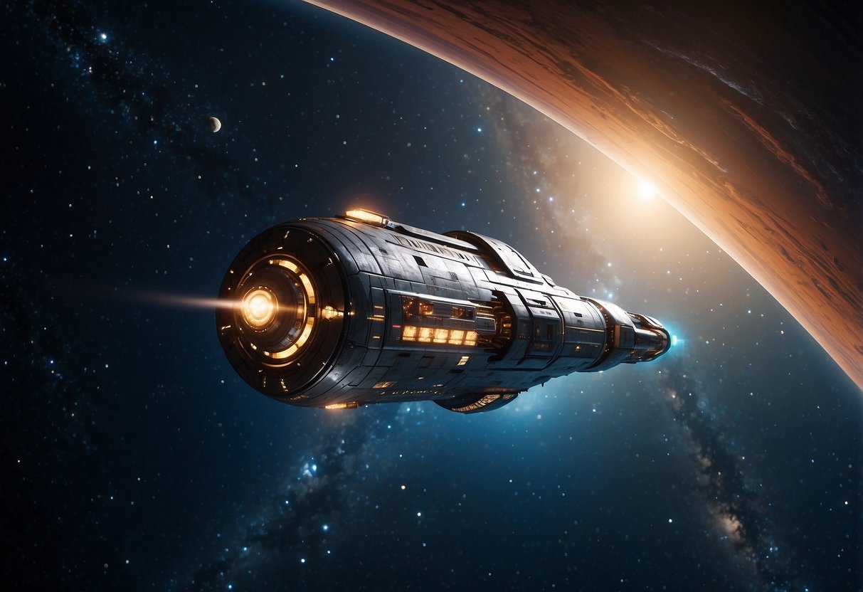 A spaceship soars through a starry galaxy, with planets and stars twinkling in the background. The ship is sleek and futuristic, with glowing engines propelling it forward