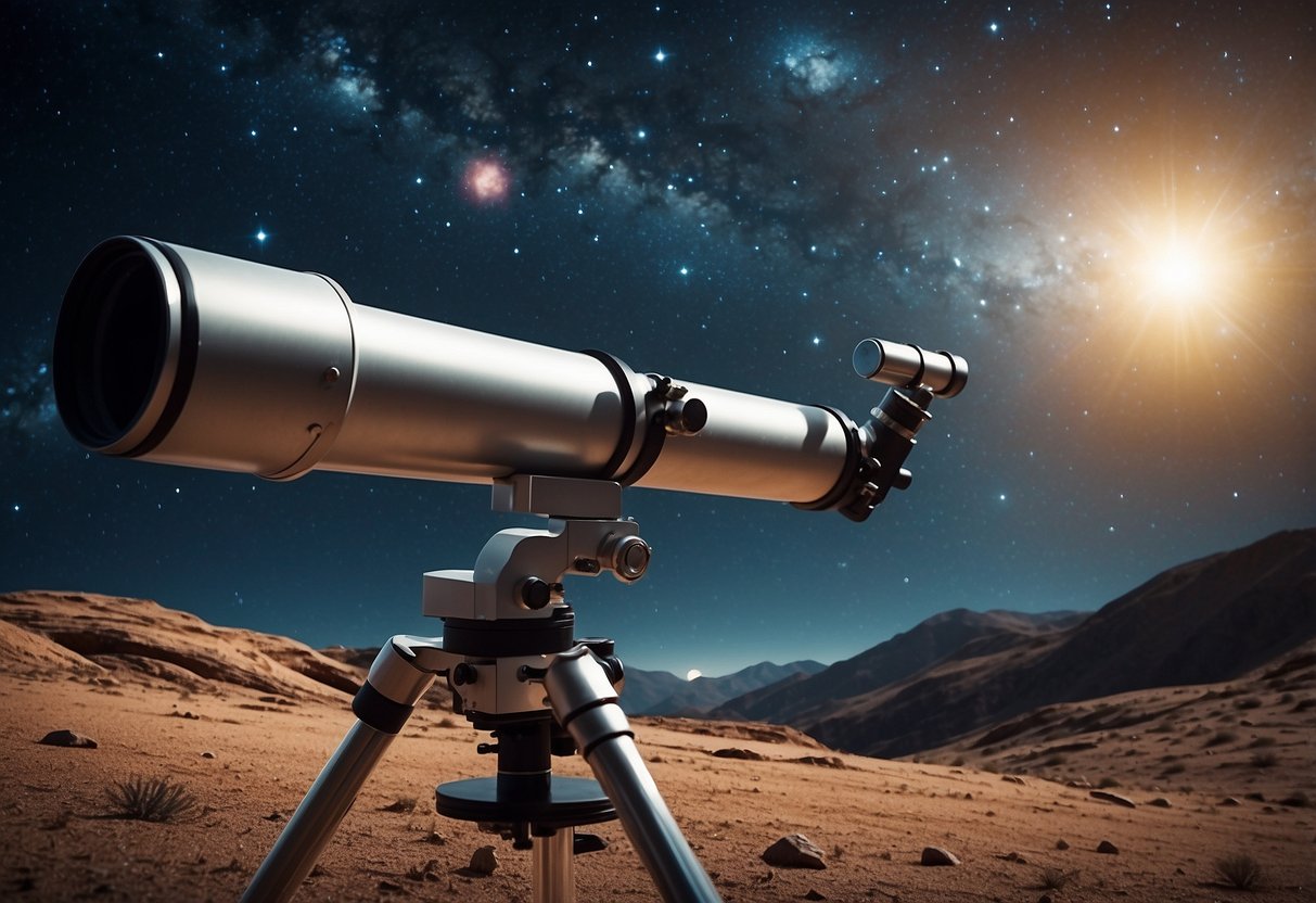 A telescope pointed towards the night sky, surrounded by movie posters of space-themed films. Twinkling stars and distant galaxies fill the background