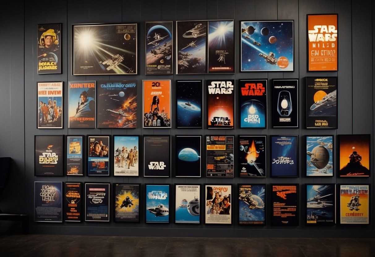 A collection of iconic space-themed movie posters arranged on a wall, with titles like "2001: A Space Odyssey" and "Star Wars" in bold lettering