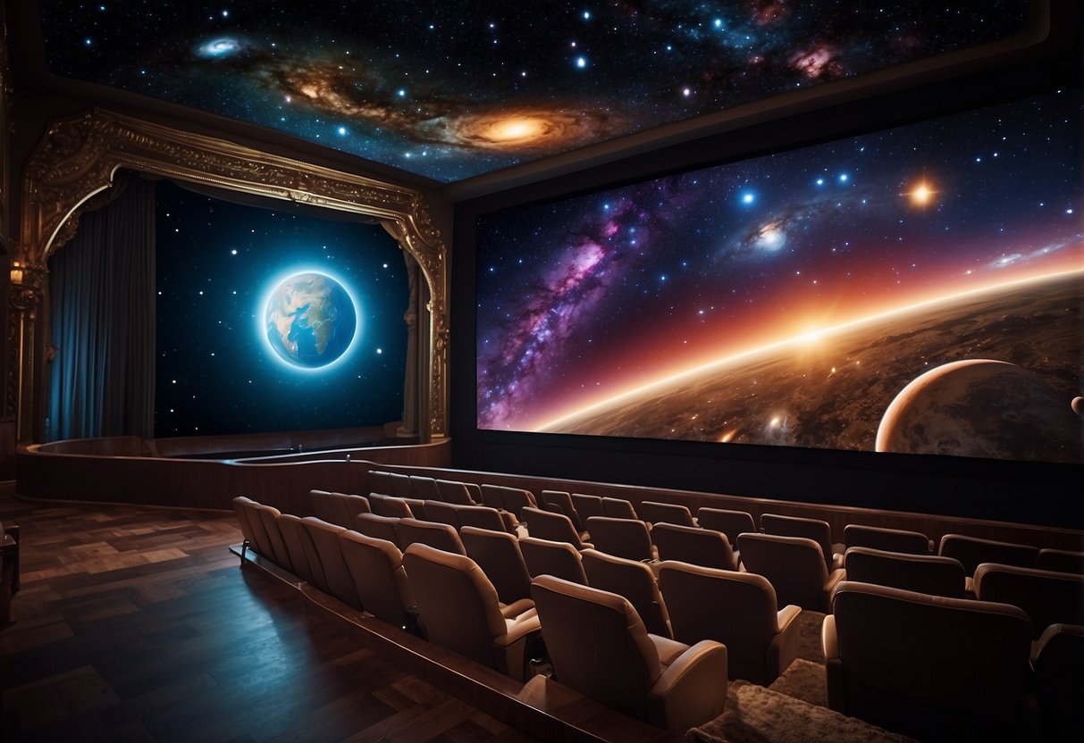 A cosmic landscape with stars, planets, and galaxies in vibrant colors, with a sense of wonder and exploration. A movie theater marquee displays "Understanding the Science in Space Cinema" and "10 Space-Themed Movies to Inspire Stargazing."