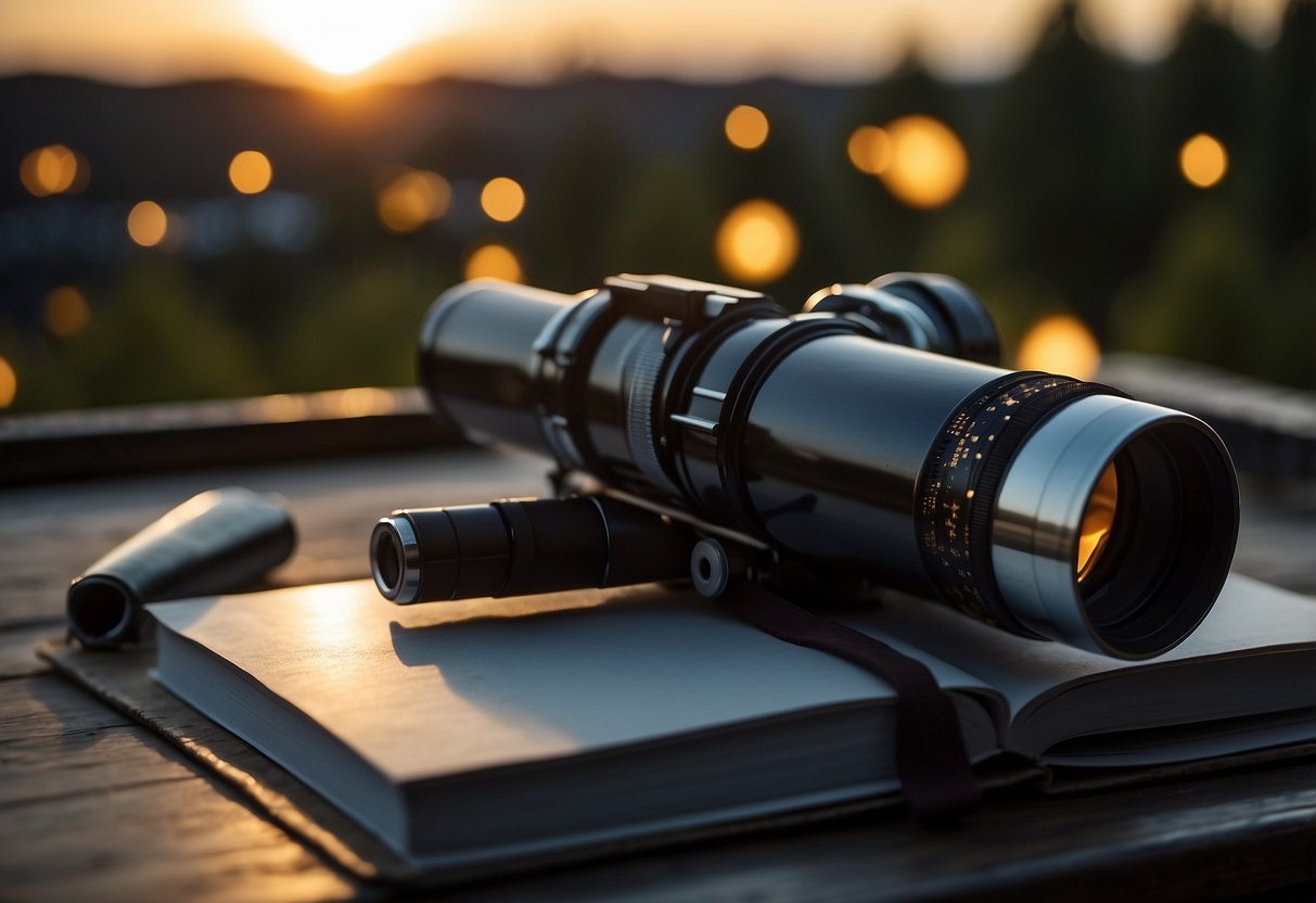 A telescope pointed towards the night sky, stars twinkling in the darkness, a notebook filled with observations, and a sense of wonder and excitement in the air