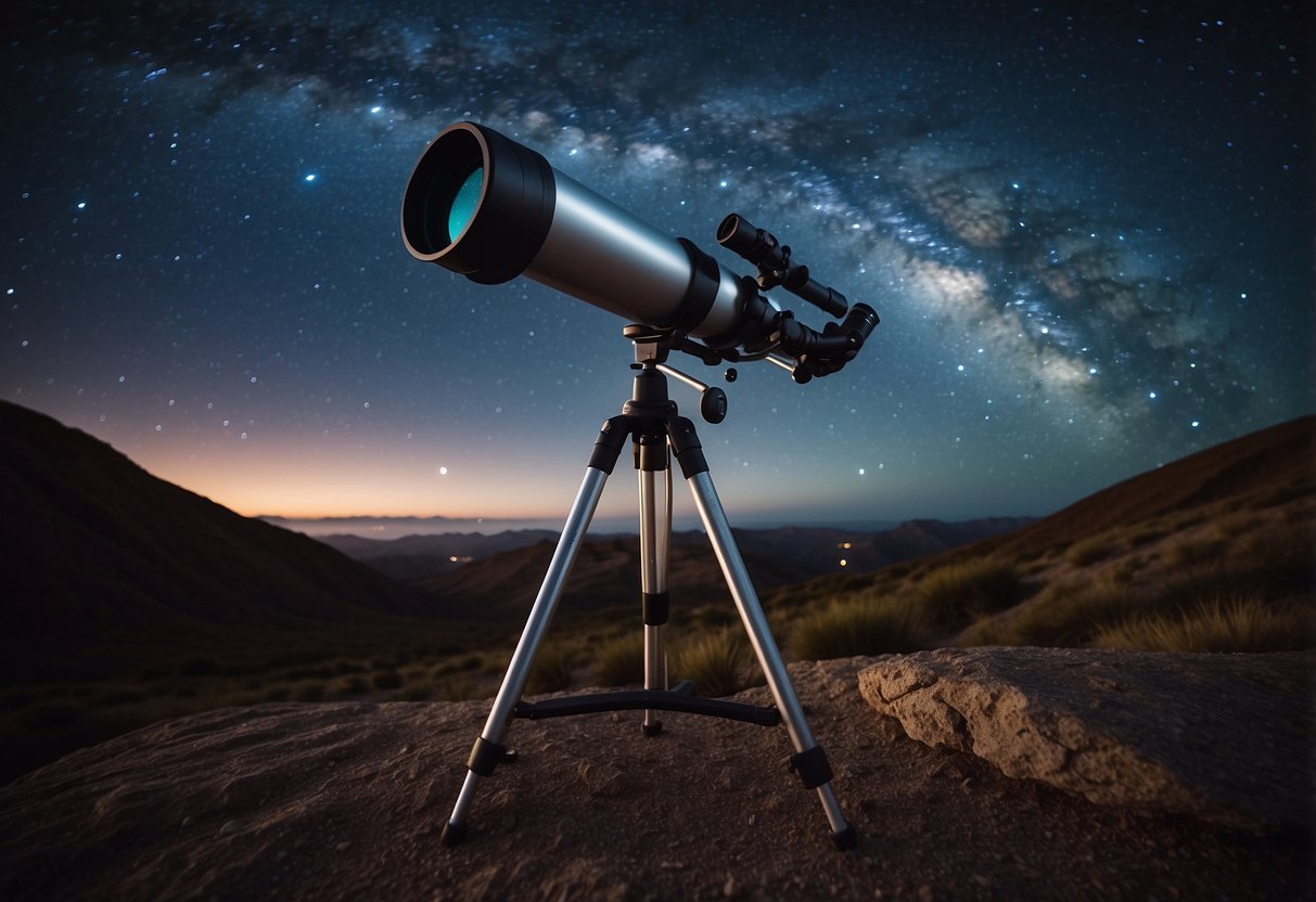 A telescope points towards the night sky, surrounded by astrophotography equipment and a star chart. The Milky Way stretches across the horizon, with distant stars and planets twinkling in the darkness