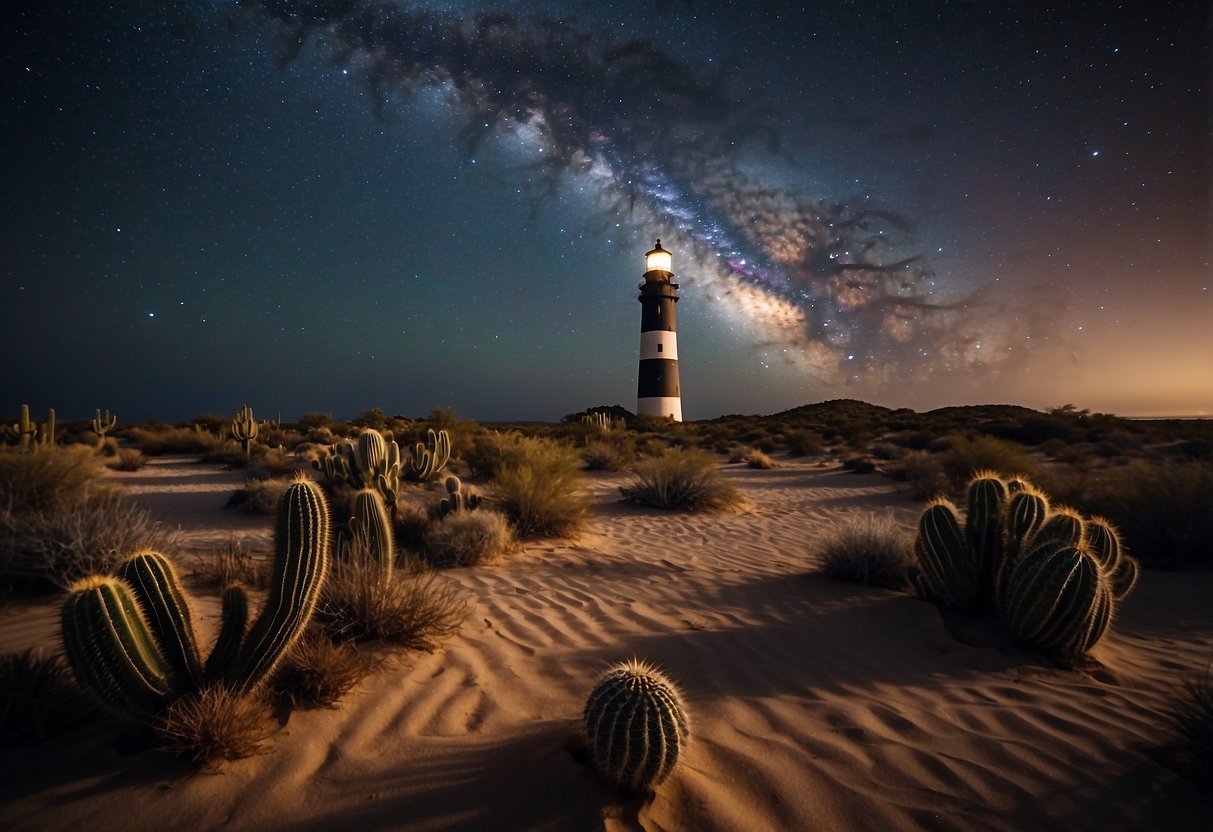 1. A desert landscape with clear skies, a silhouette of cacti, and a vibrant Milky Way stretching across the horizon.
2. A beach at night, with the ocean reflecting the starry sky and a lighthouse in the distance