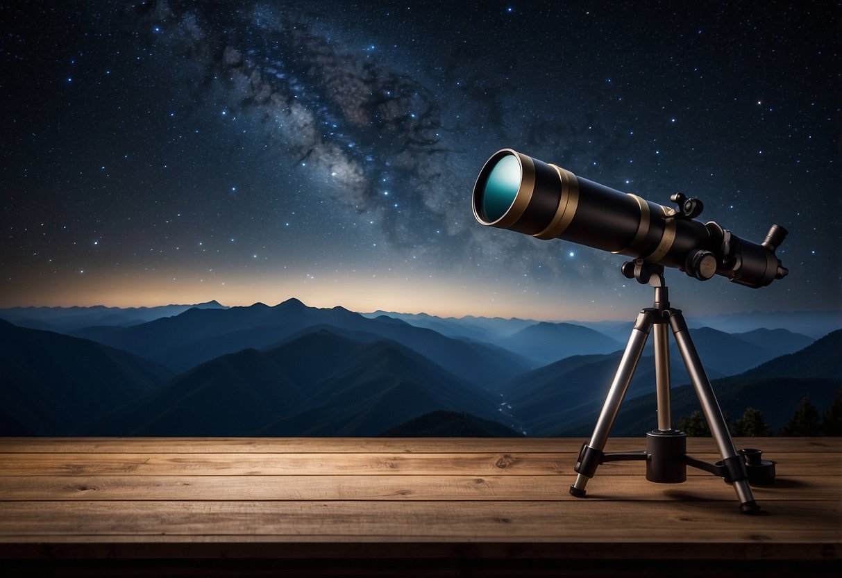 The scene shows a telescope, star maps, and binoculars laid out on a table. The backdrop features a dark sky with stars and a silhouette of mountains or a forest