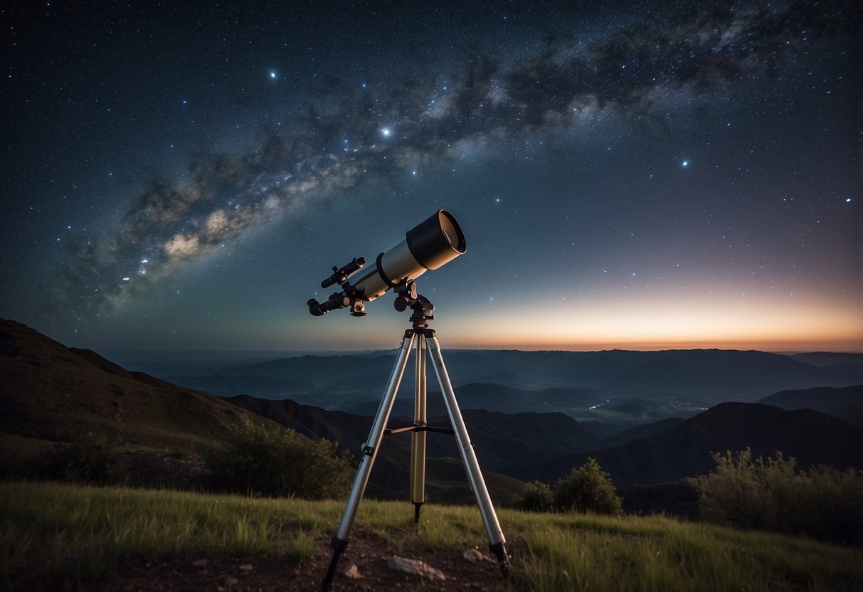 A tranquil night sky with twinkling stars over a peaceful landscape. A telescope and stargazing guidebook lay nearby. The Milky Way stretches across the sky, creating a breathtaking view for any stargazer