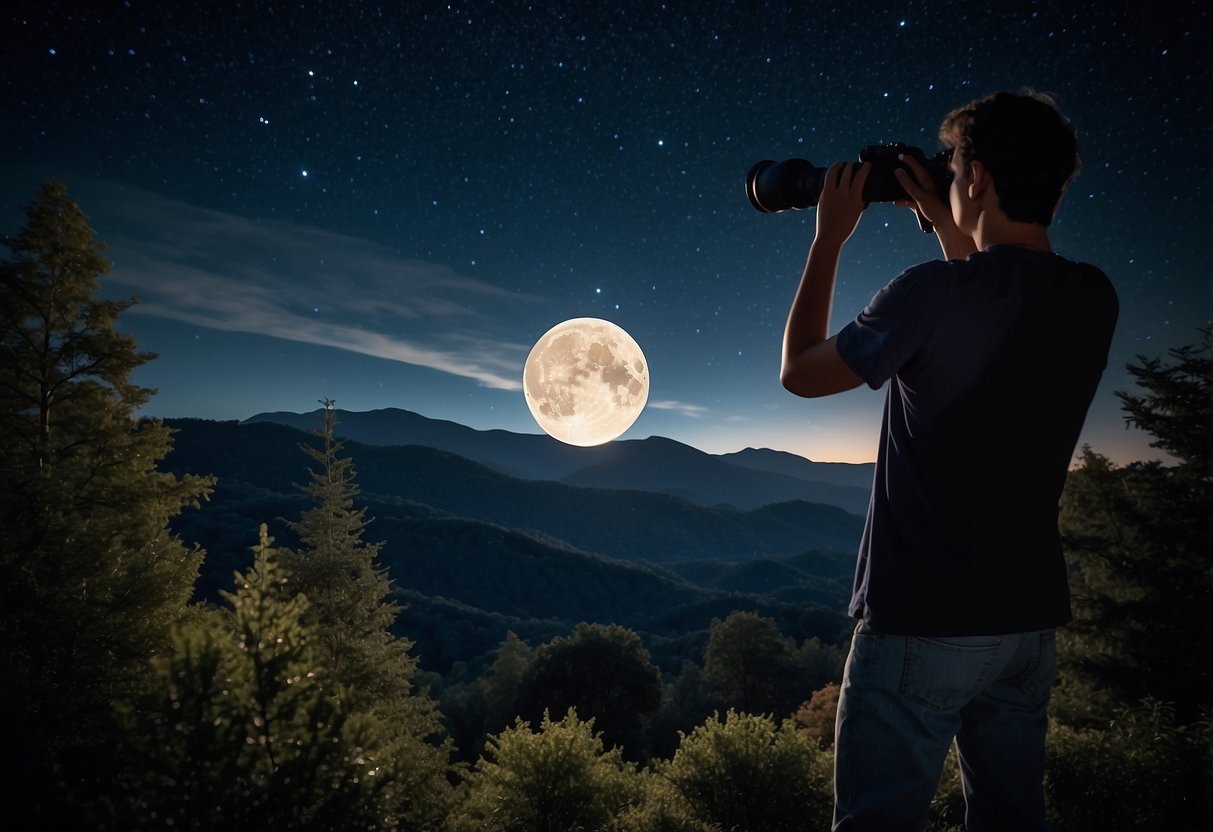 A clear night sky with a full moon and twinkling stars. A person holding binoculars, pointing them towards the sky. Trees and a telescope in the background