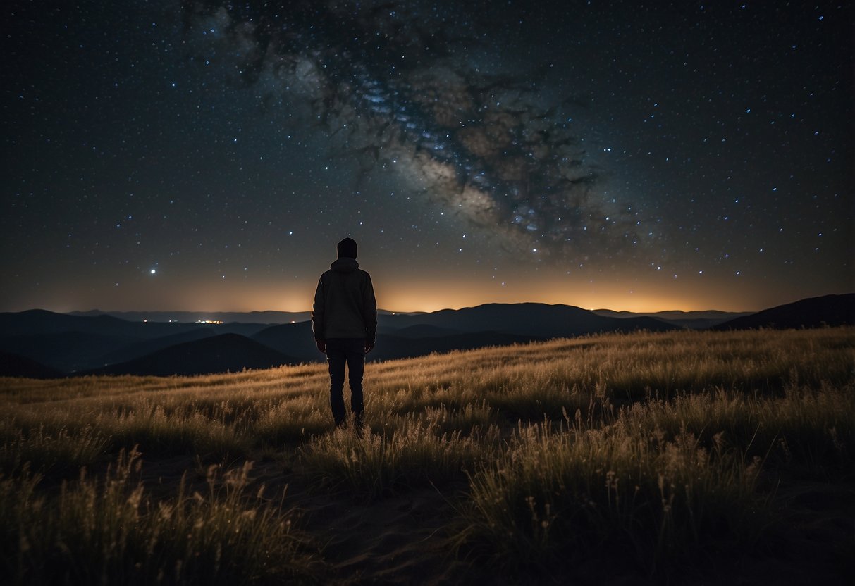 A lone figure stands in a dark, open field, binoculars raised to the night sky. Stars twinkle above, casting a soft glow on the surrounding landscape