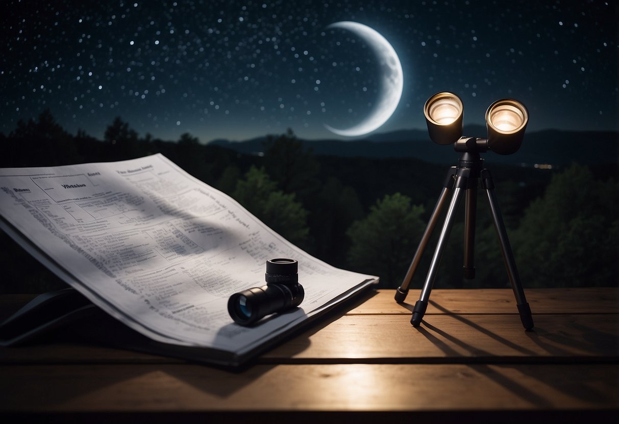 A clear night sky with a crescent moon and twinkling stars, a pair of binoculars resting on a table next to a weather forecast and a list of stargazing tips