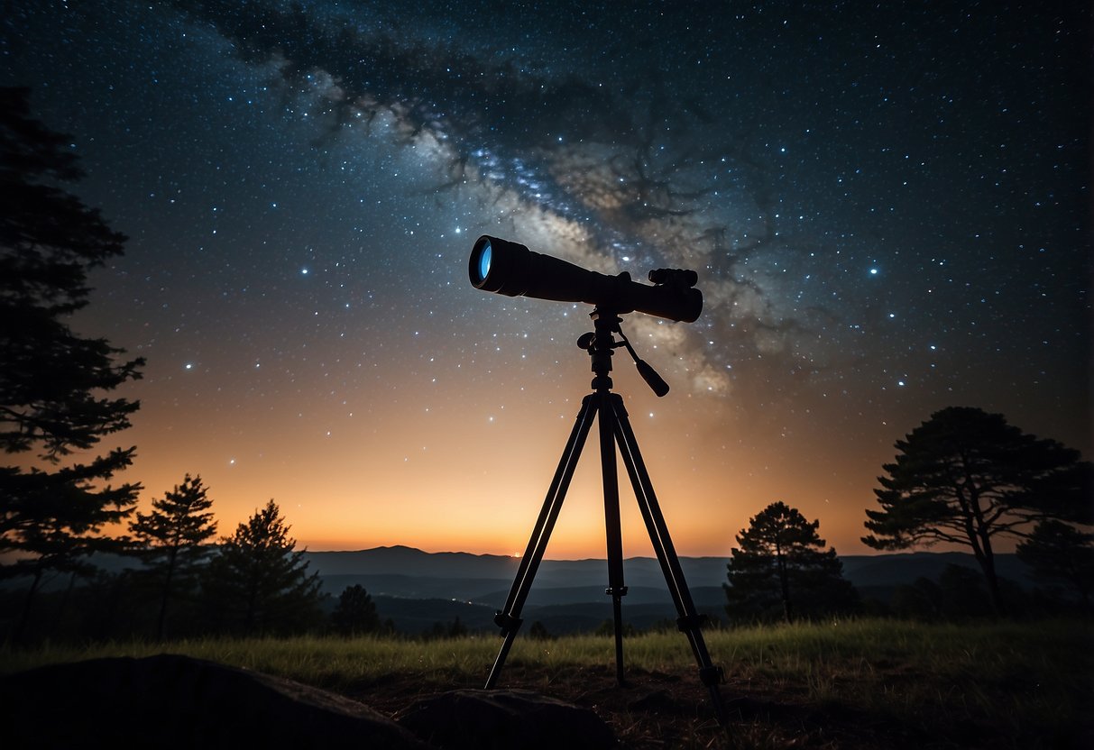 A tripod stands on uneven ground, holding binoculars pointed towards the night sky. Stars twinkle overhead, framed by the silhouette of trees