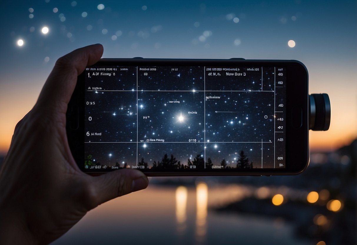 A hand holds binoculars pointed at the night sky. A star chart app illuminates the screen, guiding the viewer to celestial wonders