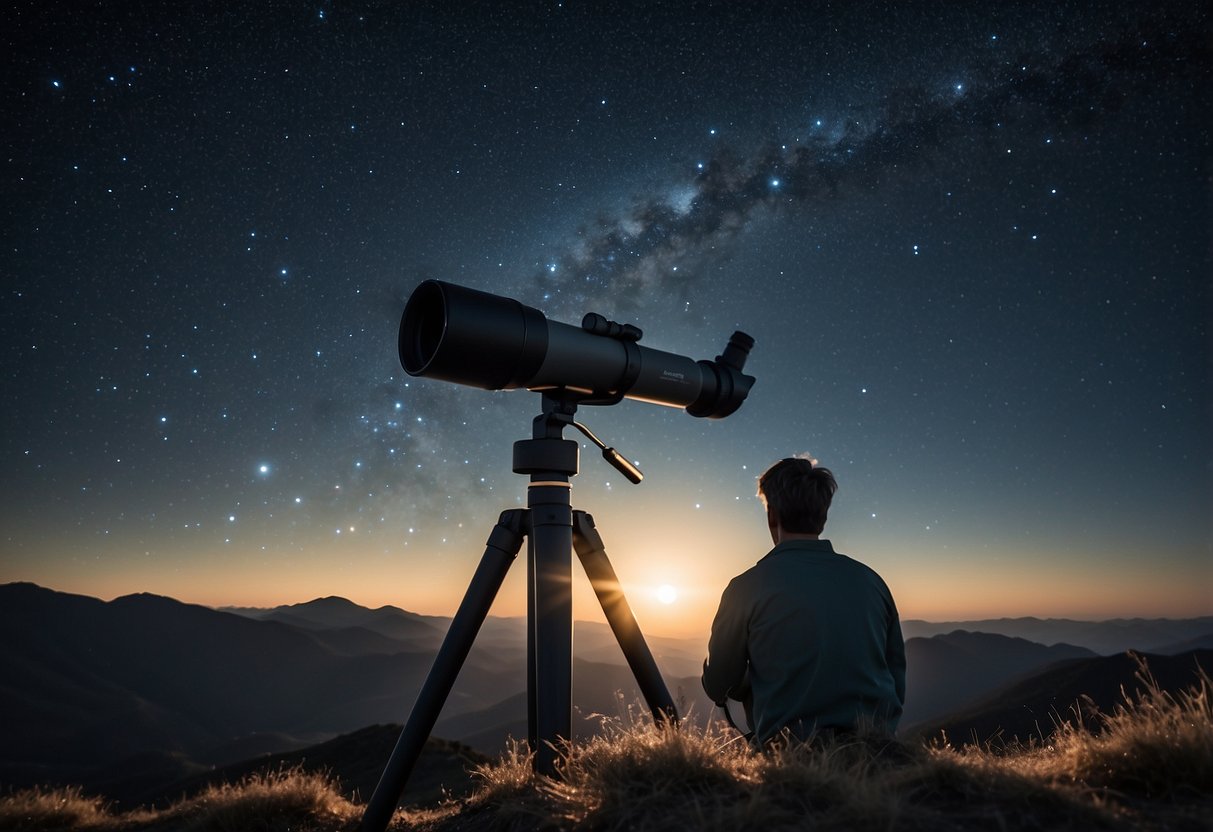 A dark sky with scattered stars, a pair of binoculars pointed upwards, and a constellation chart nearby