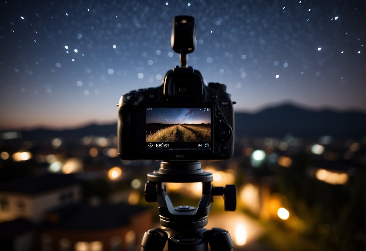 A camera set up on a tripod aimed at the night sky. Stars moving across the frame. Timer remote in use. Clear weather