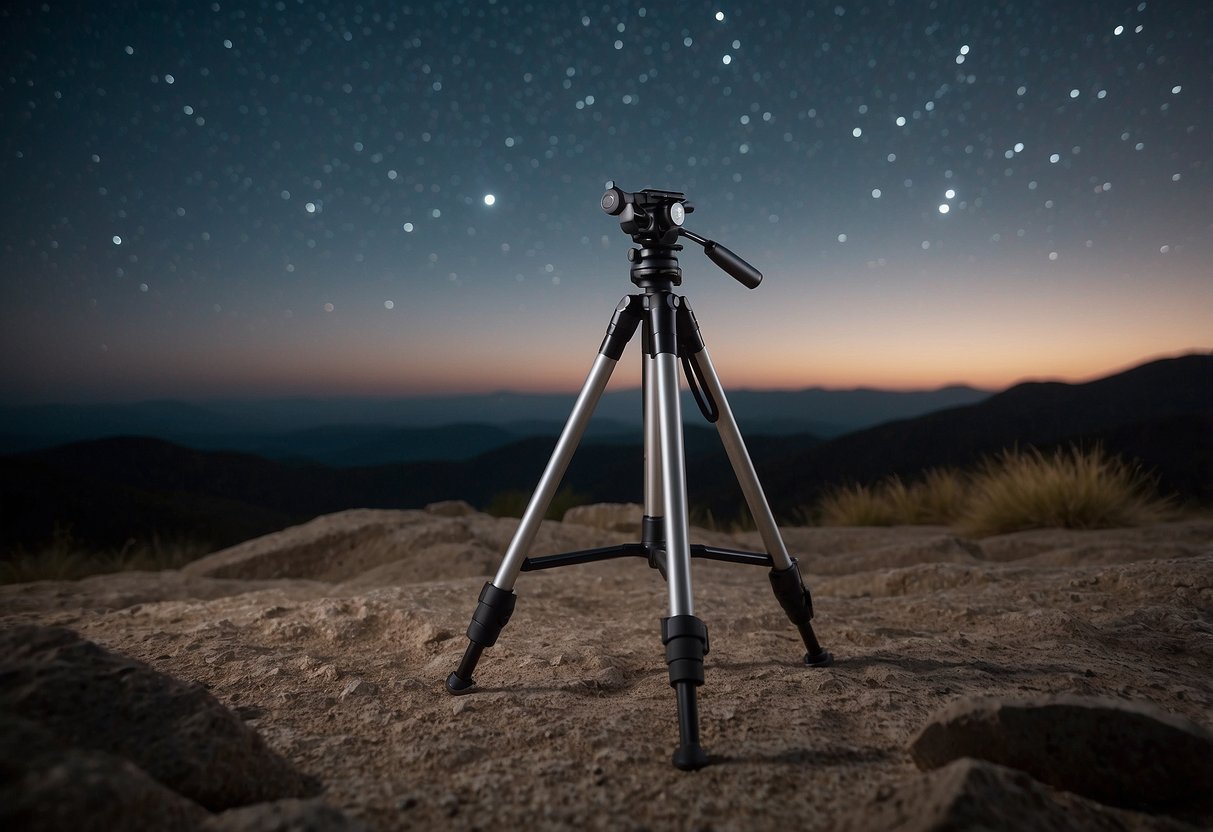 A sturdy tripod stands on rocky ground under a starry sky