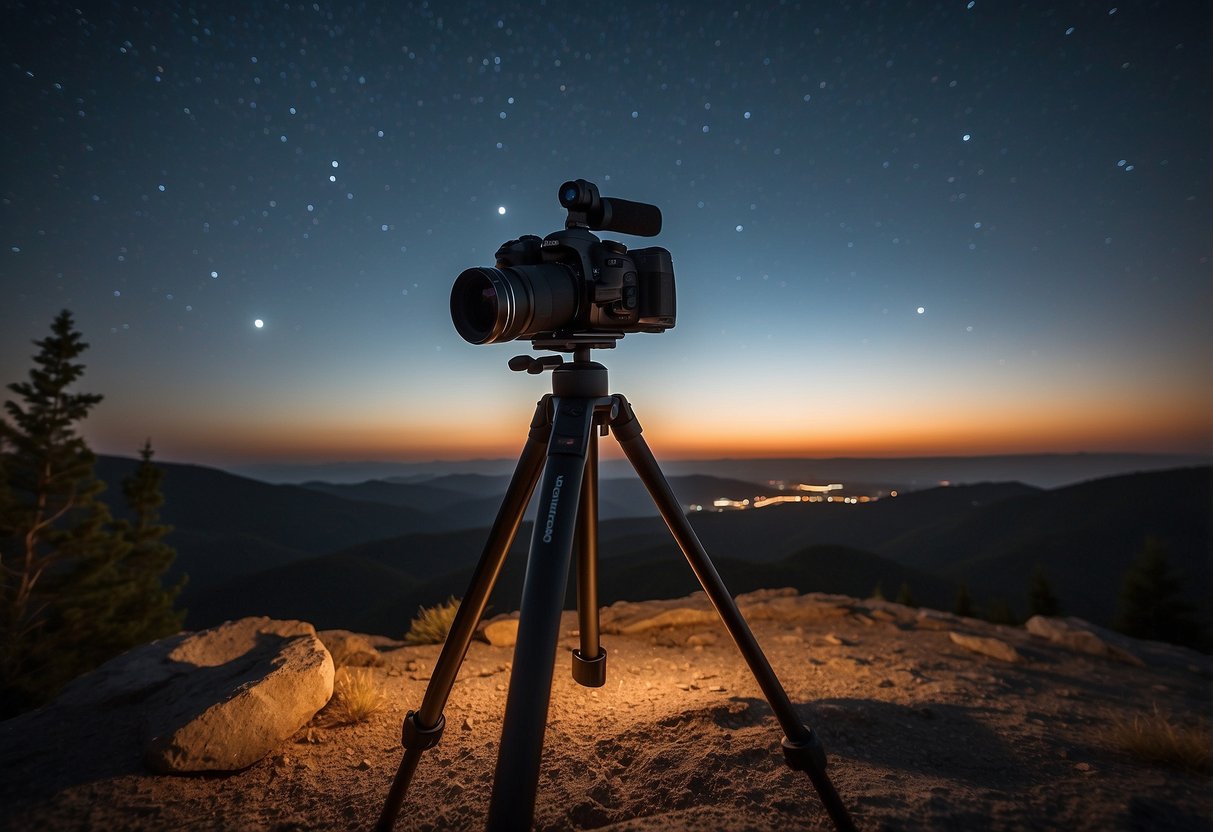 A camera on a sturdy tripod points towards the night sky, with a wide-angle lens attached. A remote shutter release is connected, and the camera settings are adjusted for long exposure. The scene is set in a dark, remote location with a clear view