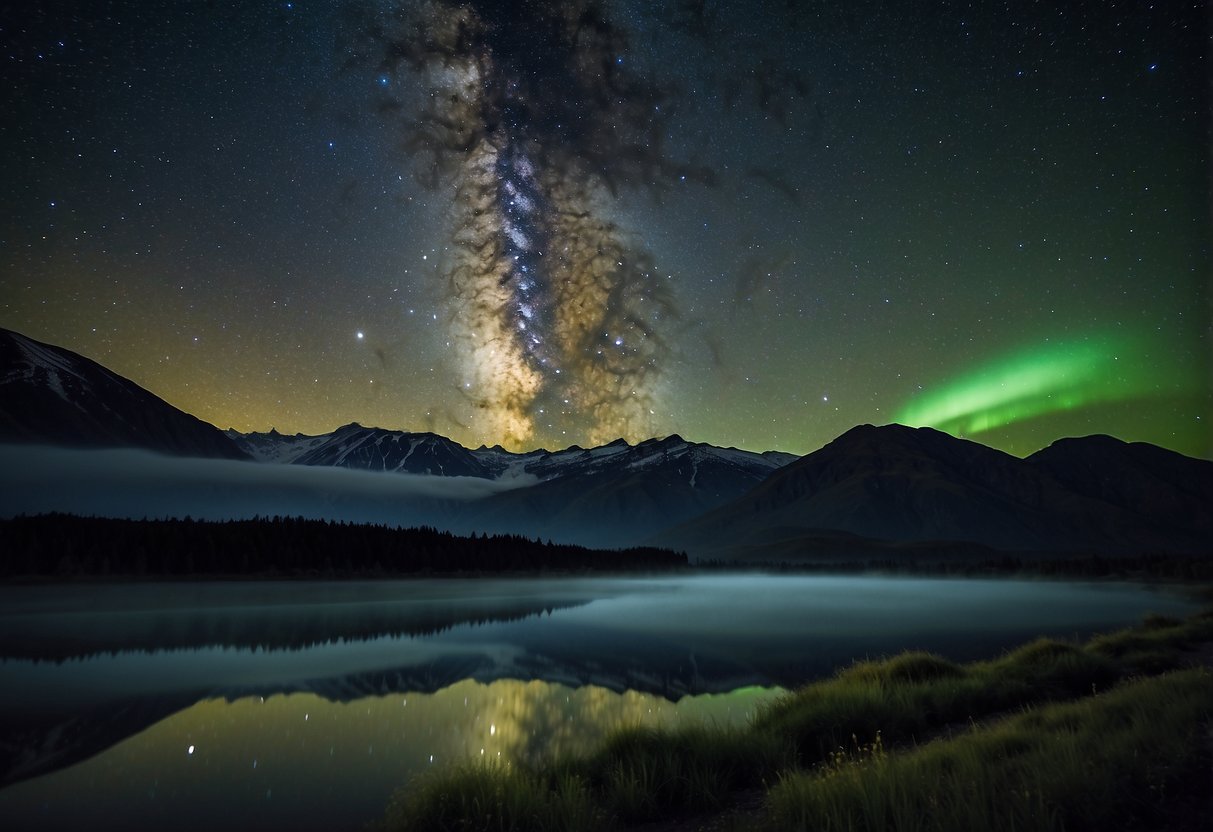 A clear night sky with the Milky Way stretching across, accompanied by shooting stars, auroras, and a comet streaking through the darkness