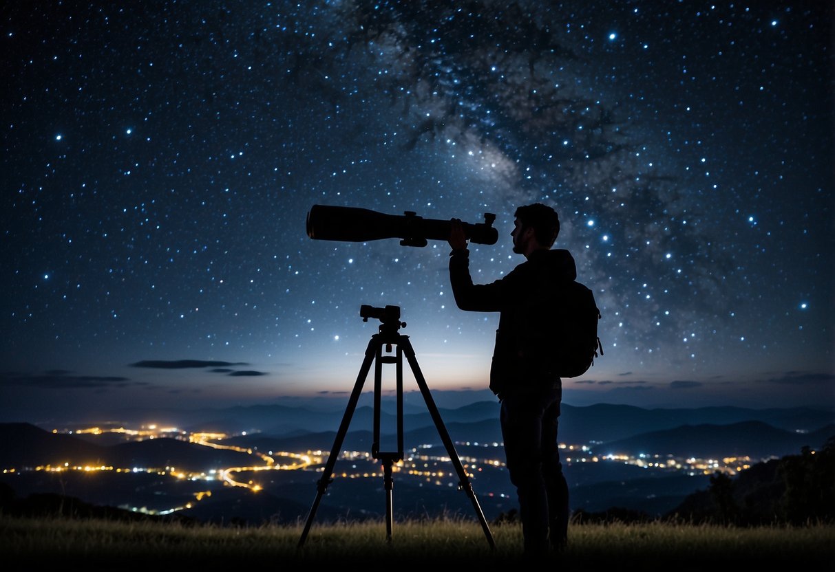 A dark sky with various stars and constellations visible, a telescope pointing towards the sky, a person using a star map and a flashlight to identify and locate different stars and constellations