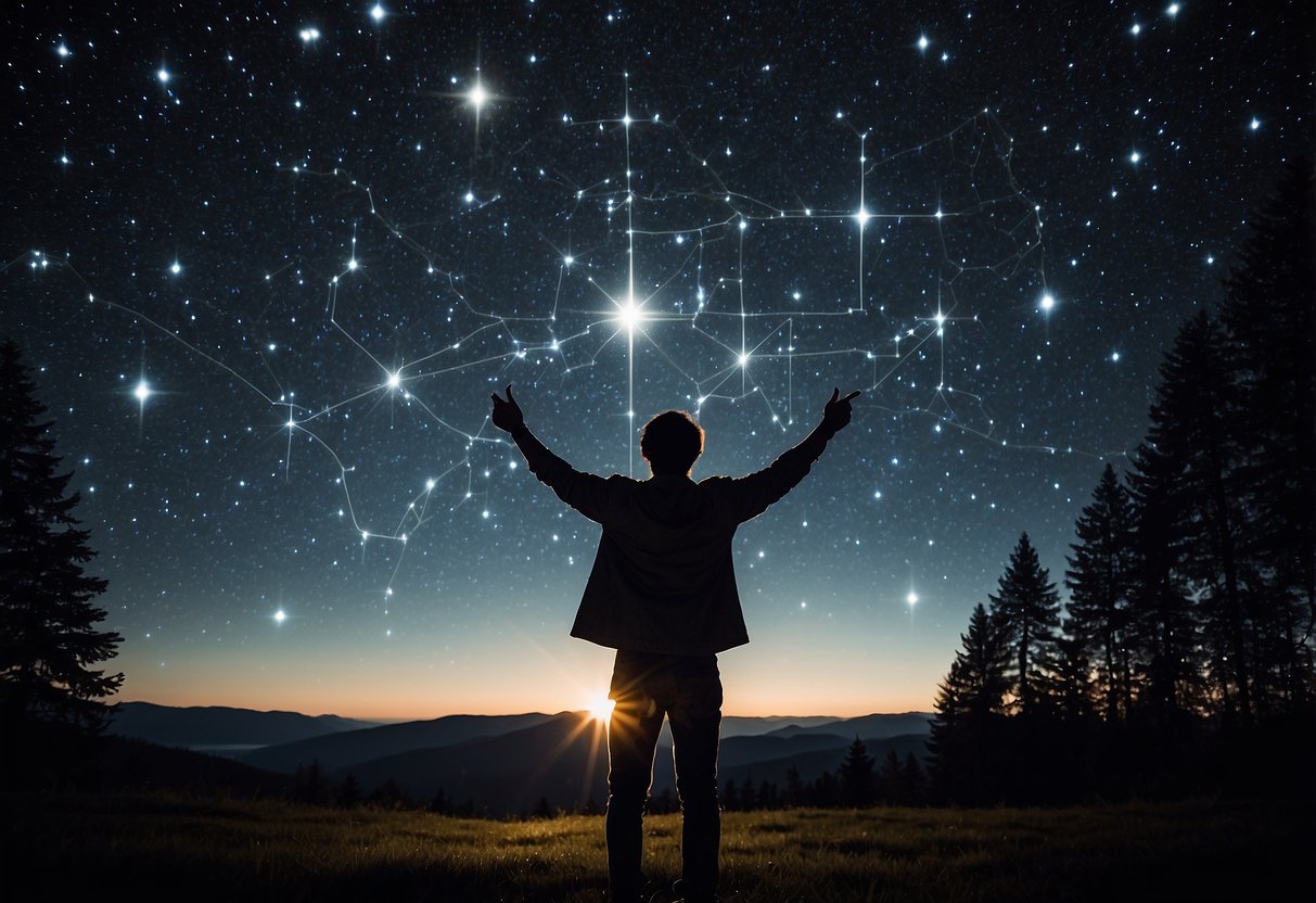 A person holding a star map, pointing to the sky. Constellations visible. Trees and a clear night sky in the background