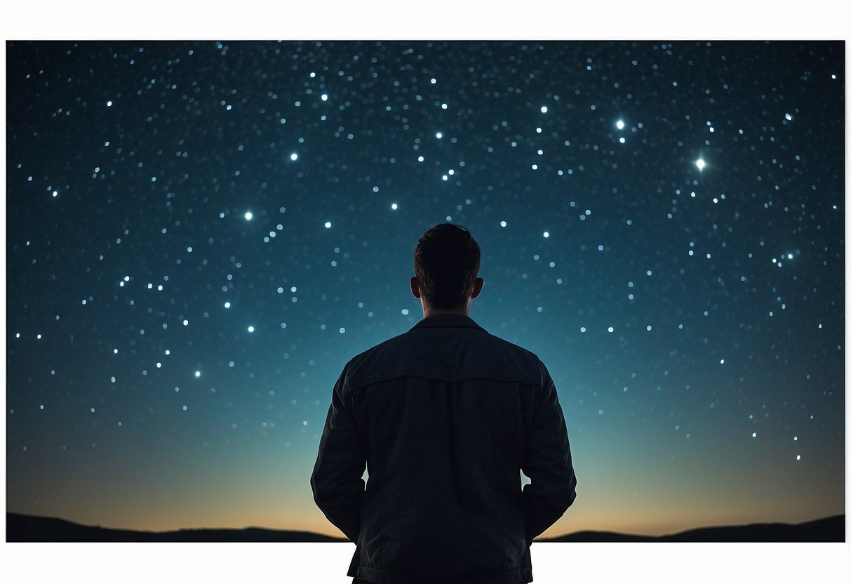 A figure stands in a dark location, gazing up at the night sky. Stars twinkle overhead, forming constellations that are just visible in the darkness