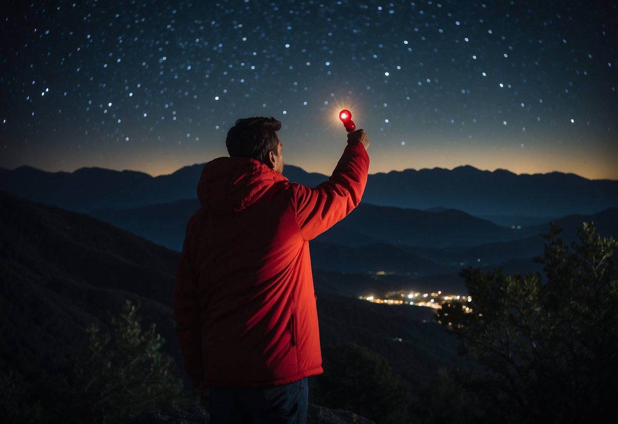 A person holds a red flashlight to the night sky, pointing out stars and constellations. The beam illuminates the darkness, creating a sense of wonder and discovery