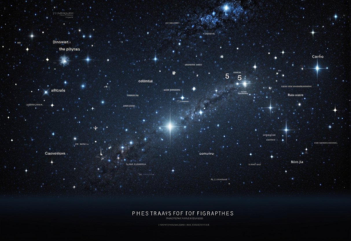 A clear night sky with 5 distinct star maps displayed, each labeled "Best Star Maps for Stargazing Beginners." The maps are surrounded by twinkling stars and a tranquil, dark background