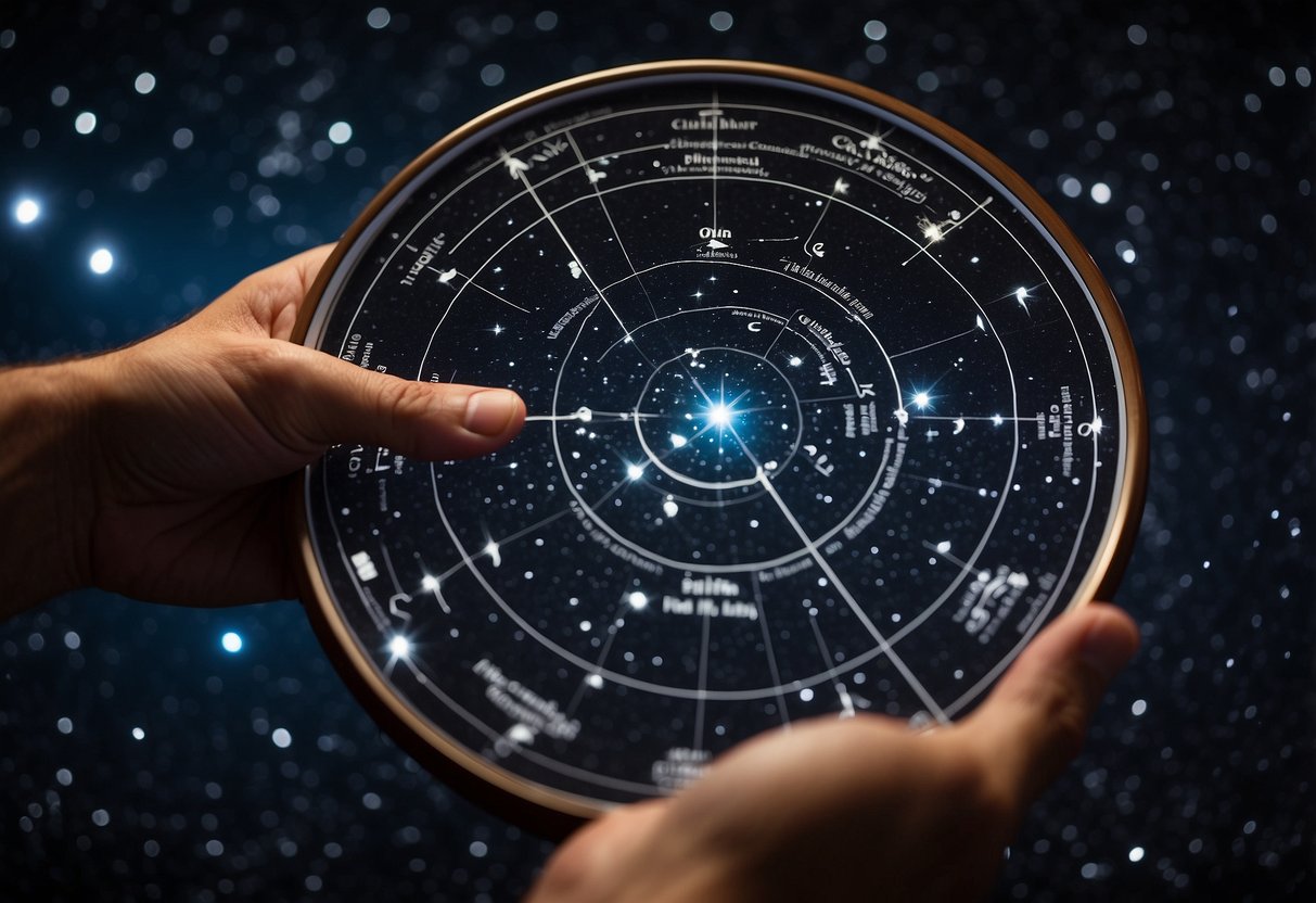 A clear night sky with a glowing Orion constellation and a planisphere map in hand