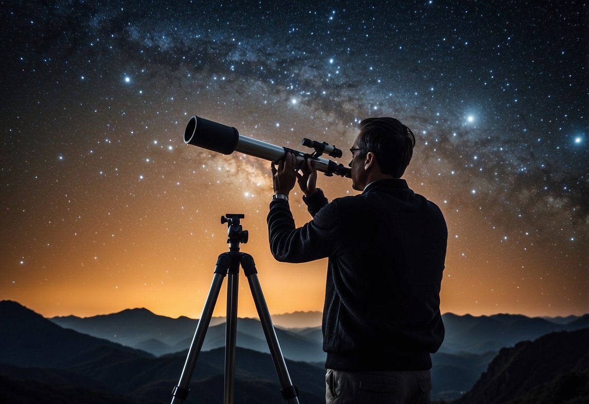 A clear night sky with a telescope pointing towards the stars, surrounded by Celestron Sky Maps and a beginner stargazer observing the constellations