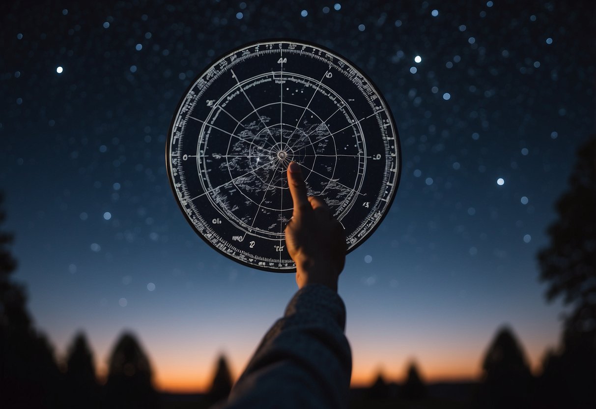 A clear night sky with a planisphere in hand, pointing to the stars