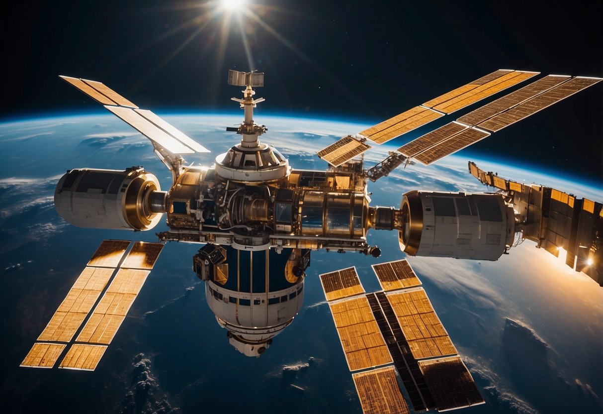 The International Space Station construction commences in outer space, with astronauts assembling modules and connecting components